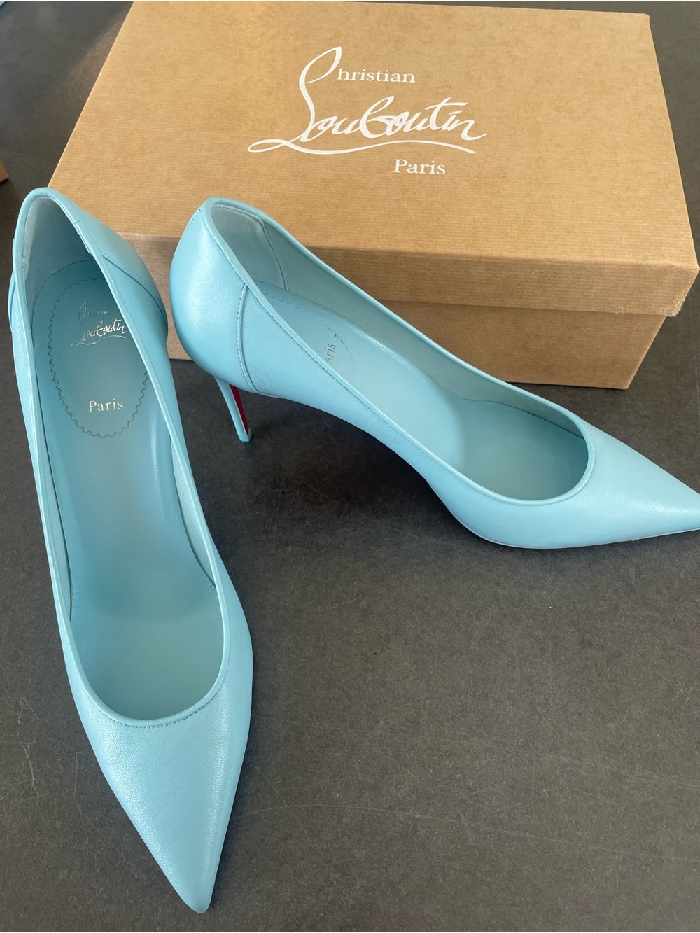 Christian Louboutin Powder Blue Pointed Leather Pumps with Red Sole